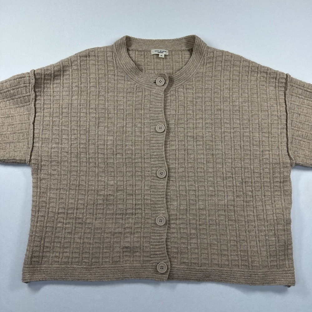 Max Studio London Textured Wool Blend Waffle Knit Cardigan Sweater XL Beige Boho - Picture 7 of 11
